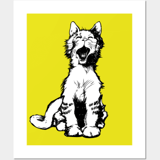 Yawning Cat on Yellow Posters and Art